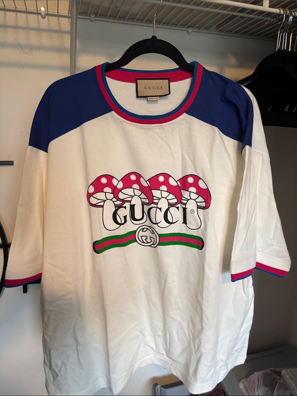Gucci Pink Tee with Red Trim and Navy Logo and Gucci Mushroom Shirts - Picture 4 of 6